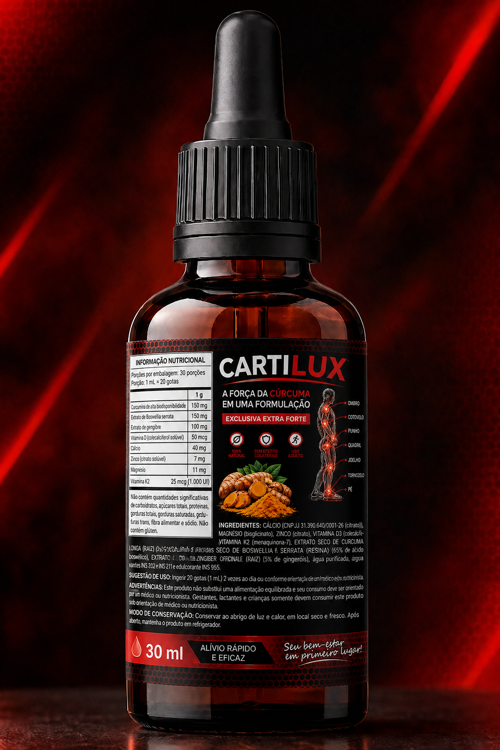 Frasco real de CARTILUX em gotas com cúrcuma